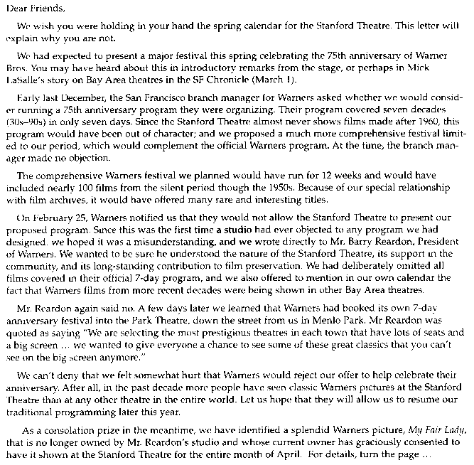 Letter from Stanford Theatre